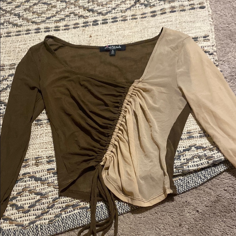 L'ATISTE Green and Tan Asymmetrical Ruched Blouse